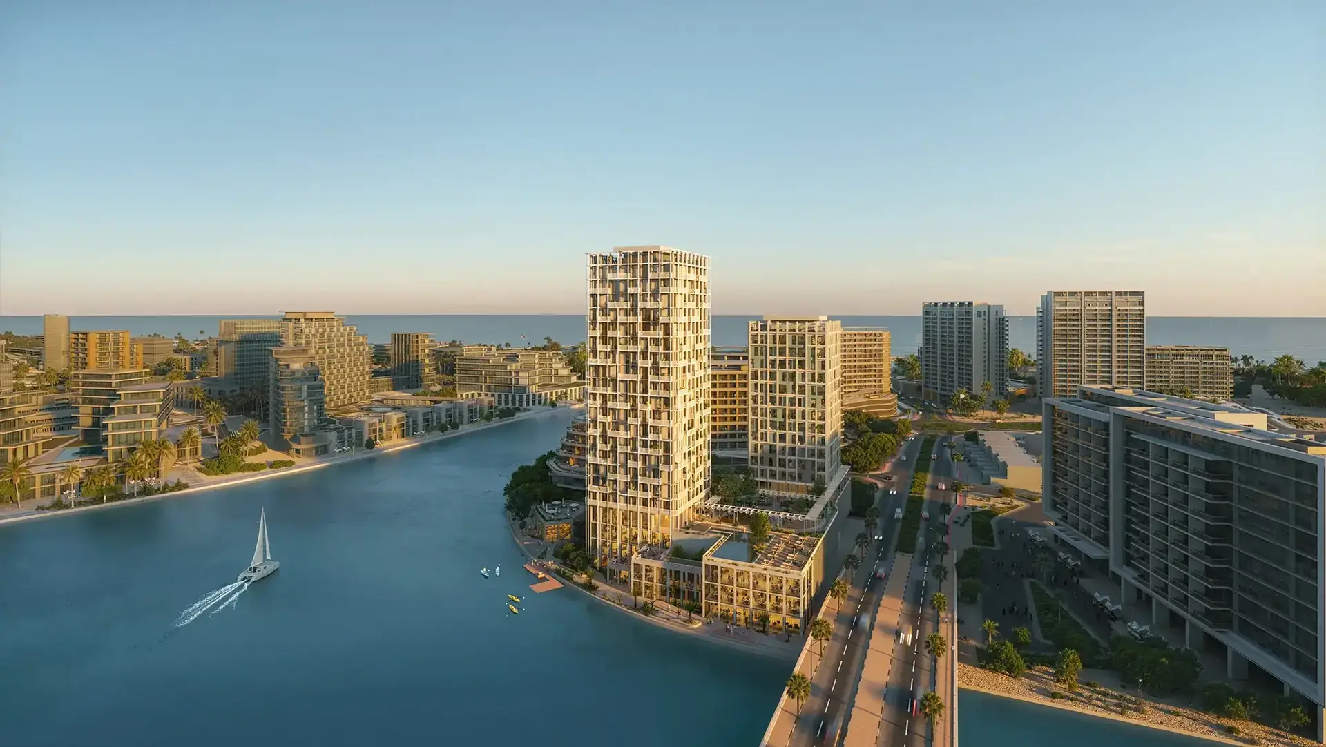 Enta Mina – aerial view of waterfront towers along a lagoon with a sailing boat