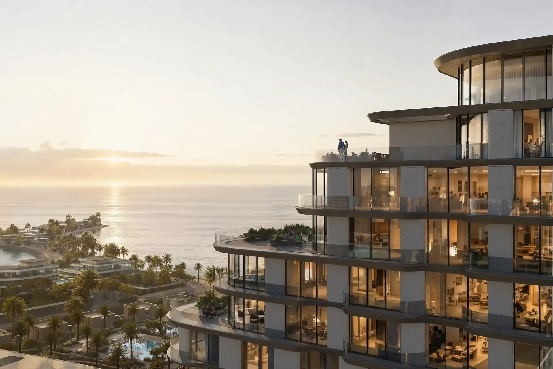 Mirasol – upper floors with balconies overlooking the sea at sunset