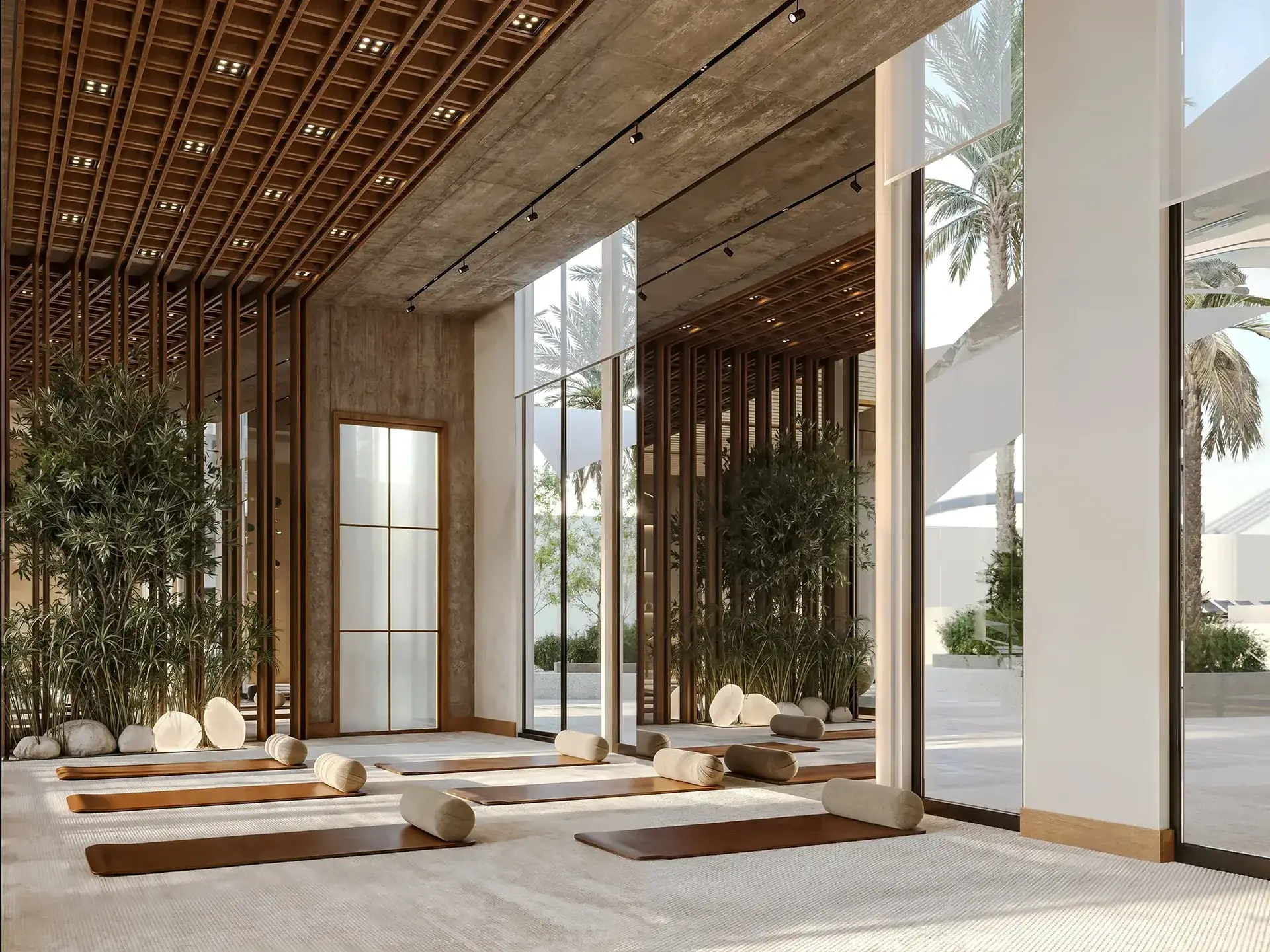 Mirasol – yoga studio with mats beneath a timber ceiling