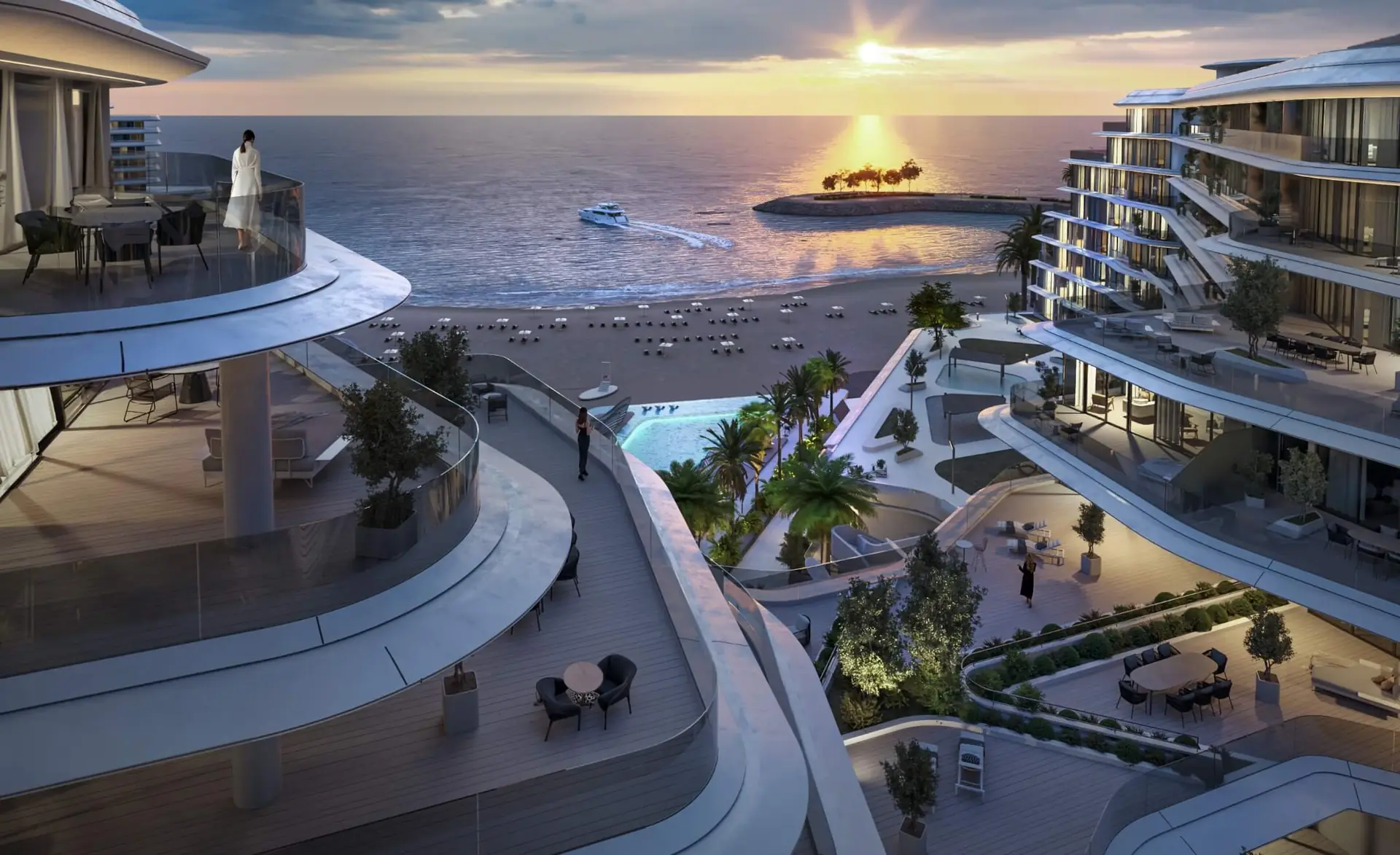 Porto Playa – curved balconies overlooking a pool, beach and sea at sunset