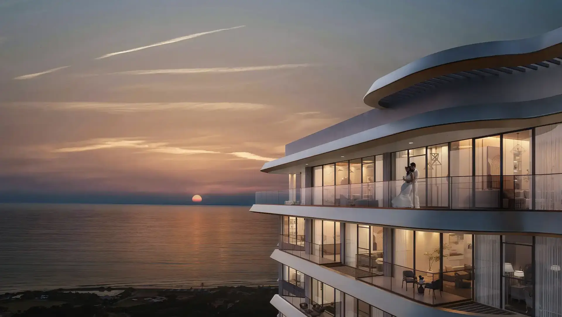 Solera – curved balconies of an upper floor overlooking the sea at sunset